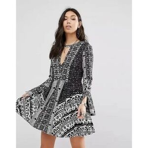 Free People Tegan Border Printed Long-Sleeve Mini Dress 0
